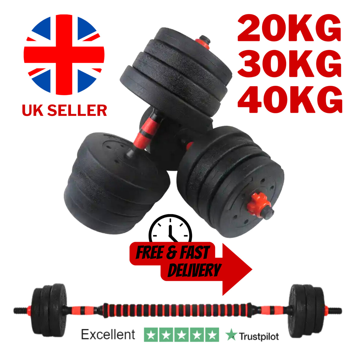 Adjustable Dumbbell & Barbell Set (20Kg/30Kg/40Kg)